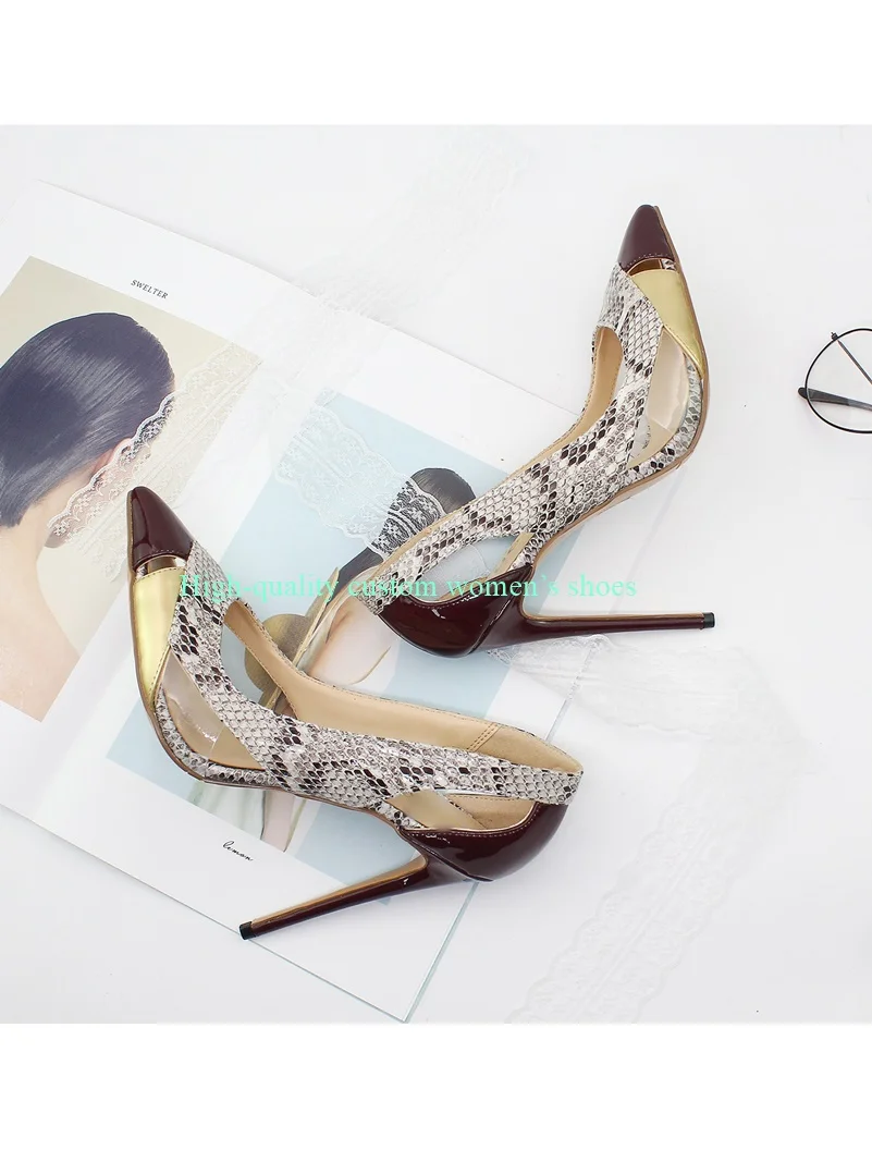 Red Snakeskin Color-Blocked Hollow Out Stilettos Sandals Matching Transparent Material Shallow Luxury High Heels Retro Heels