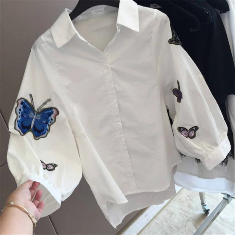 Womens Trendy Butterfly Embroidery Button Up Shirt Simple Casual Lapel 3/4 Sleeve Blouse White Loose Irregular Tops Blusas Mujer