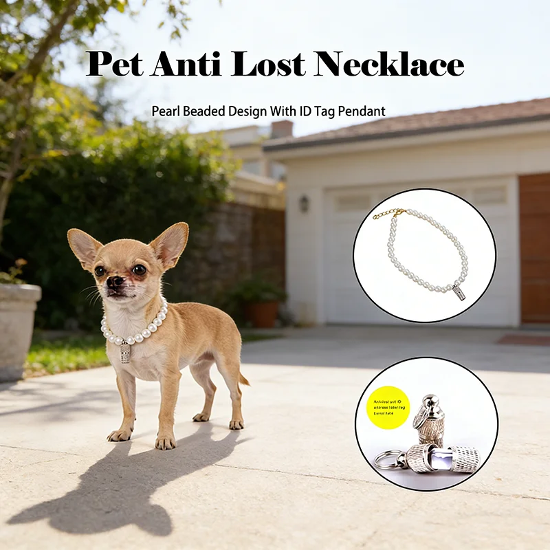 Pet Anti Lost Necklace Pearl Beaded Design With Extension Clasp And ID Tag Pendant For Dogs Cats Fashionable And Practical