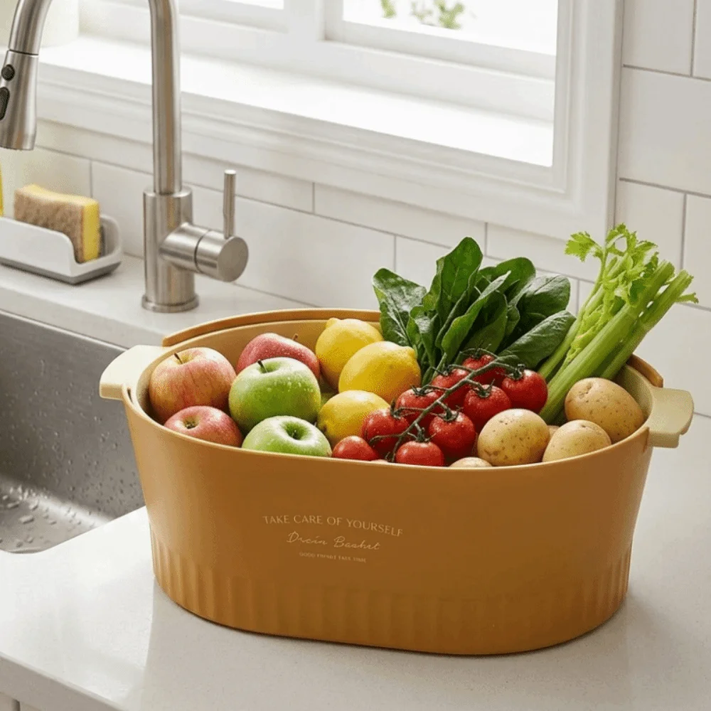 Double-layer Fruit Vegetable Washing Basket Large Capacity Removable Fruit Vegetable Washing Basin Double Handle Plastic
