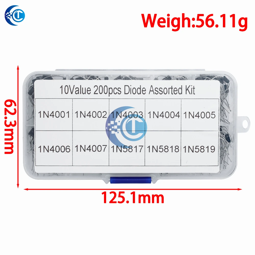200PCS Rectifier Diode Assortment Kit, 10 Values 1N4001-1N4007 & 1N5817-1N5819 with Storage Case