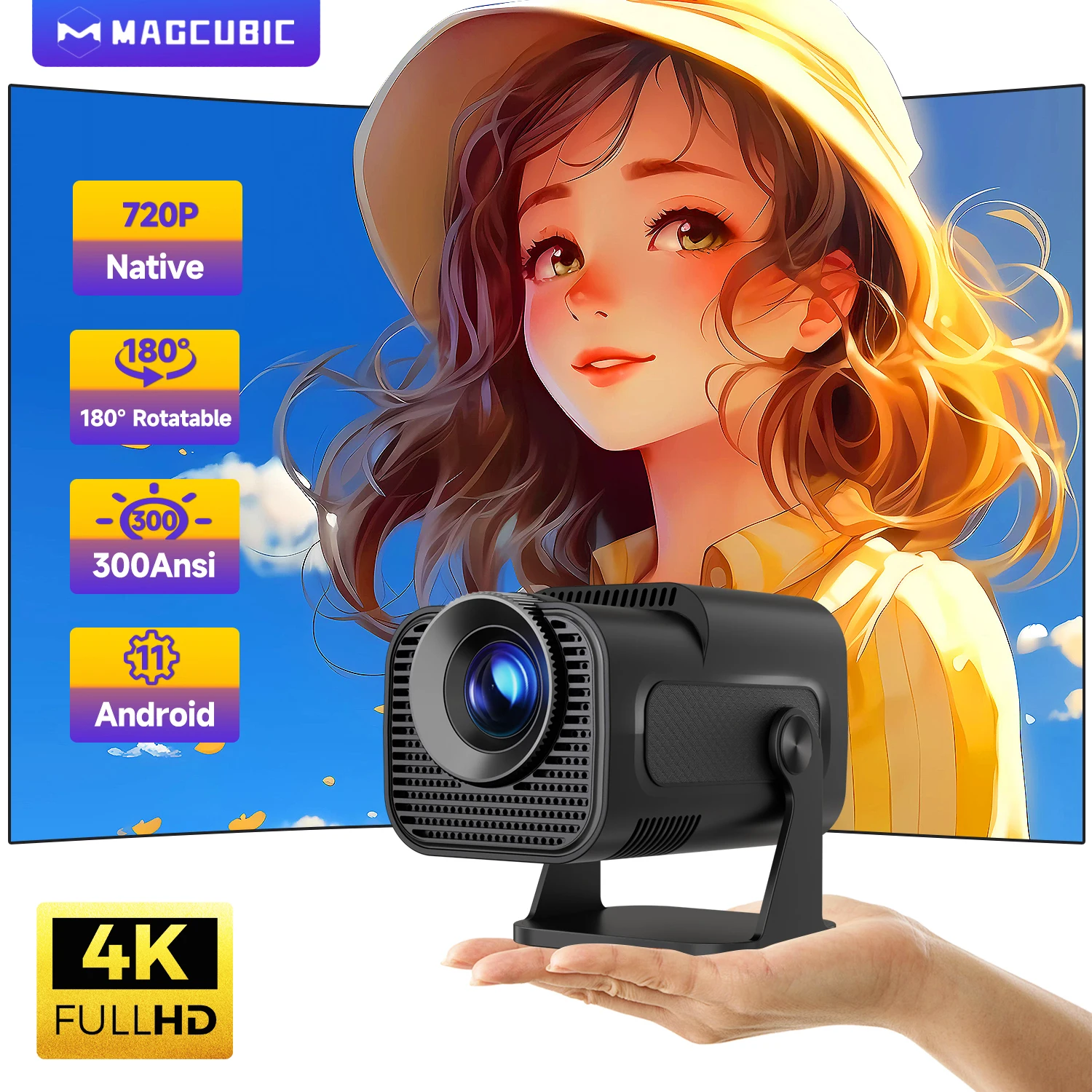 Magcubic HY320 미니 네이티브 720P 안드로이드 11 4K 프로젝터, 300ANSI Wifi 6 BT5.0 시네마, 야외 휴대용 180 ° 회전 프로젝터, 신제품 