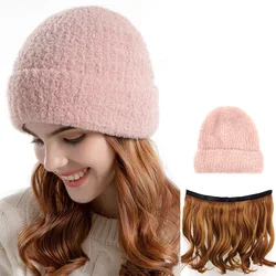 NOOFNO Fall/Winter Beanie Wig for Women,Hat with Hair Attached Blonde Wig,Plush Wool Warm Pink Beanie Blonde Wig,Women's Cap Wig