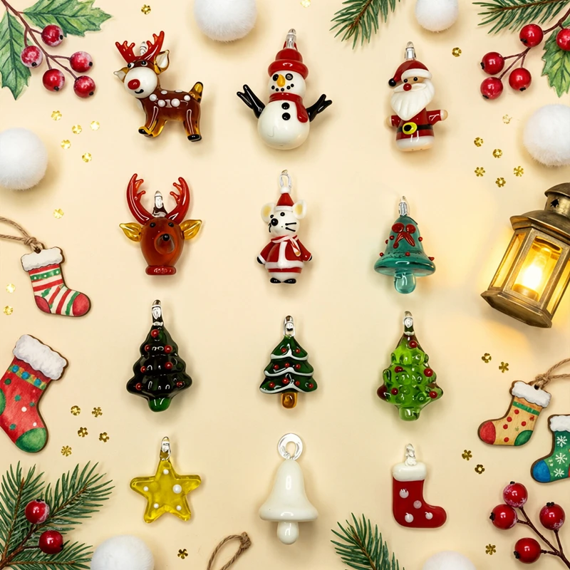 Cute Mini Christmas Glass Pendant Tiny Xmas Tree Reindeer Snowman Santa Claus Mouse Bell Five Pointed Star Socks Charm Ornament