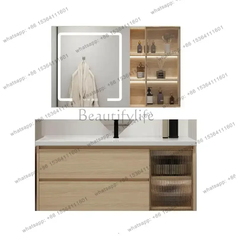 Japanese-style log wind bathroom cabinet mirror cabinet combination bathroom washbasin cabinet