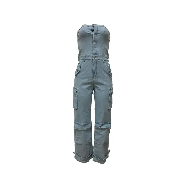 Sexy Women's Jumpsuit Streetwear Fashionable Strapless Single-Breasted with Multiple Pockets Sleeveless Conjoined Body Pants