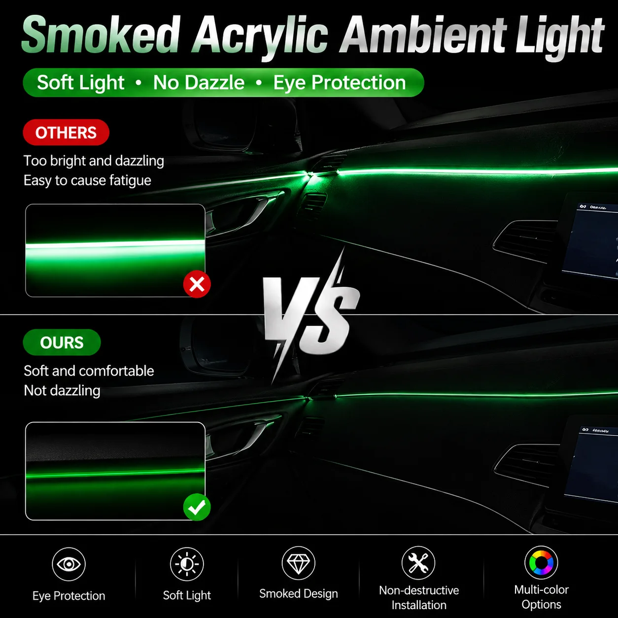 18/22in1 Car LED Ambient Light Symphony 213Color Dual Zone Smoke Matte Black Hidden Strip Interior Atmosphere Lamp No Glare Safe