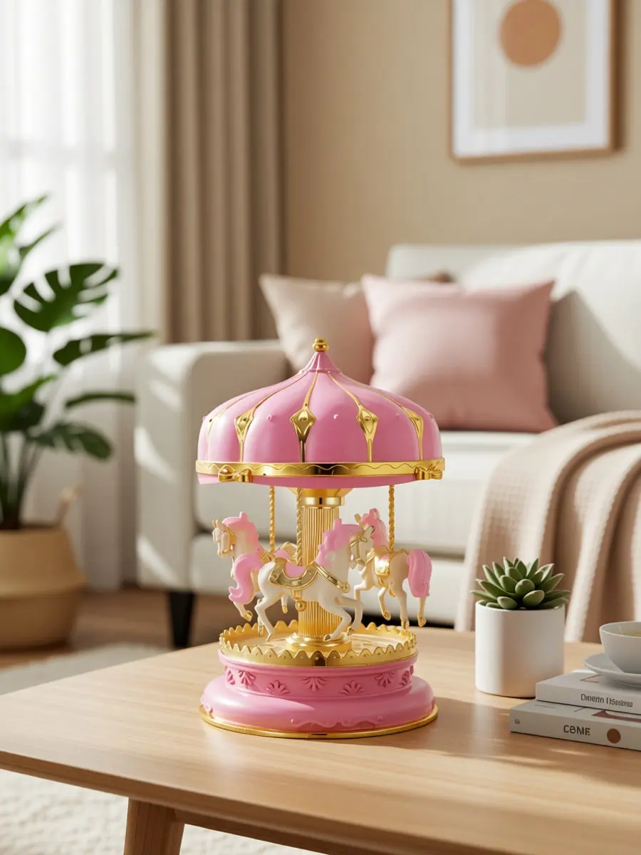 Romantic Music Box Rotating Carousel Horse Creative Desktop Ornament Fine Workmanship Portable Adornment for Couples Gift Pink