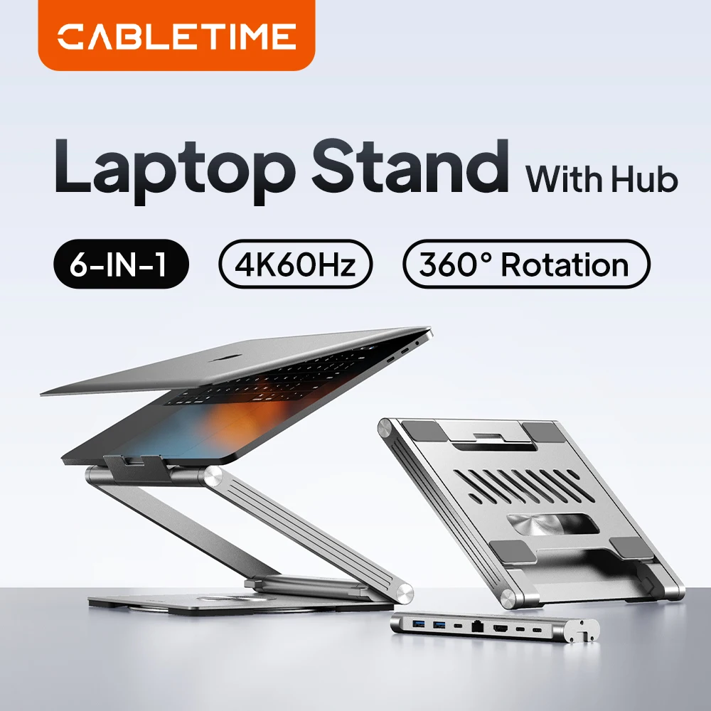 CABLETIME 6-in-1 RJ45 PD 100W USB C Hub with 360° Rotation Laptop Stand 4K60Hz HDMI Port Compatible for MacBook Air Lenovo Lapto