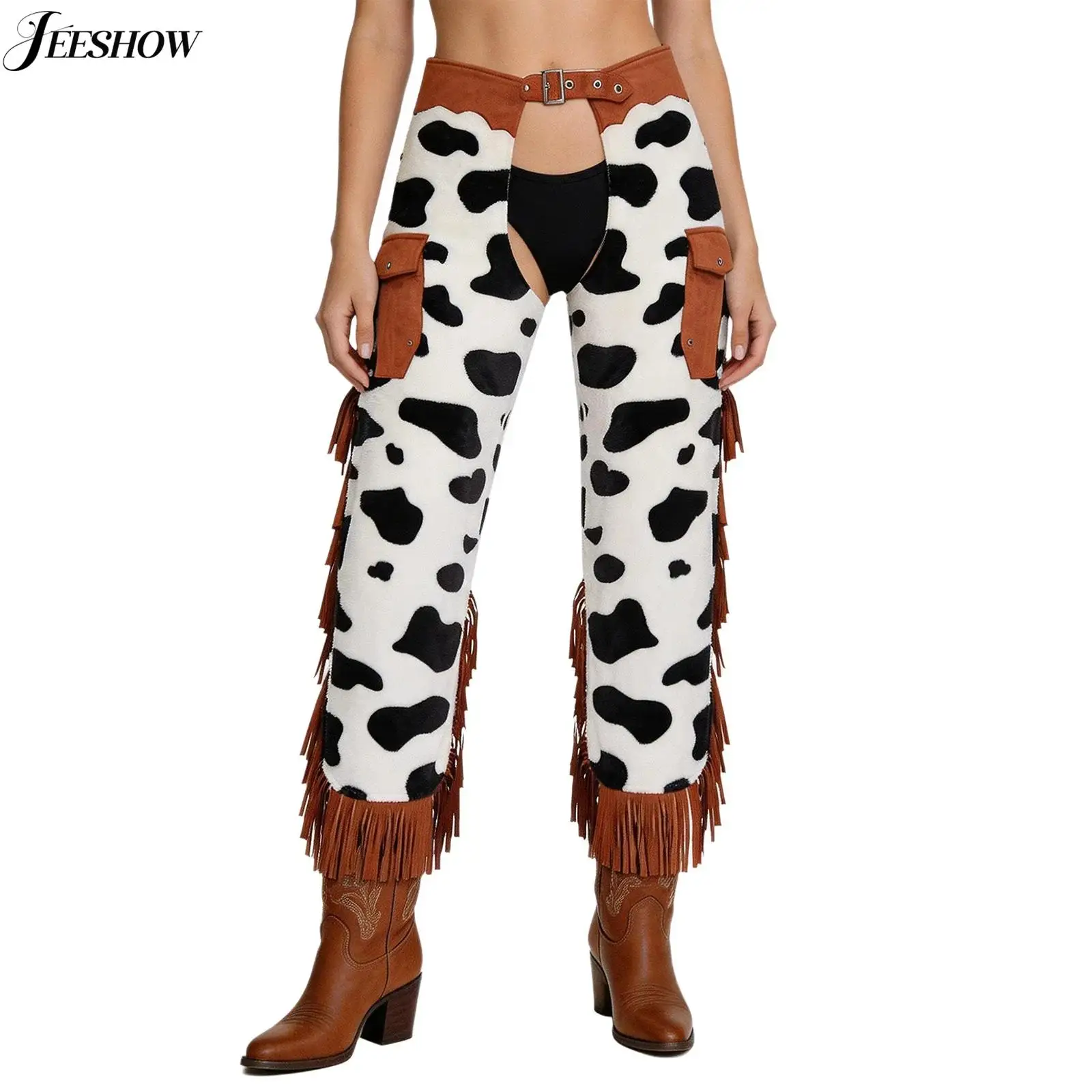 Womens Cowgirls Flannel Chaps Cowboy Costume Bottoms Cow Spot Print Side Tassel Hollow Out Adjustable Waist Assless Capri Pants view 2