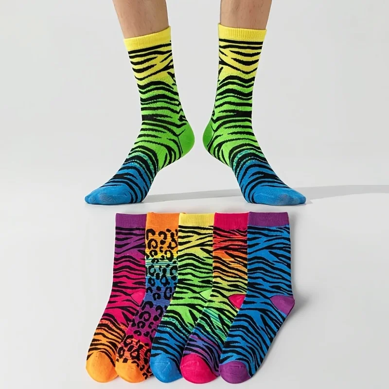 10 pairs of fashionable and colorful gradient leopard print striped mid-calf socks, suitable for both men and women, trendy and