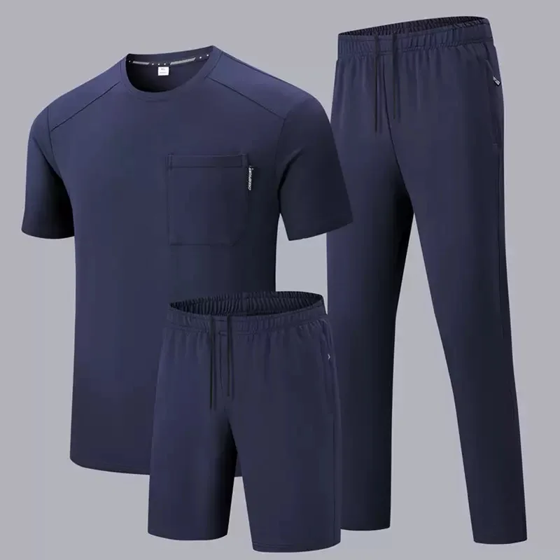 

Summer New Fashion Trendy Solid Color Breathable Short Sleeve T-shirt Set Men's Casual Loose Sport High Quality Three-Piece Set