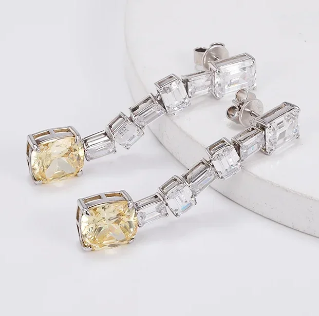 KQDANCE Solid 925 Silver With Cushion Cut Yellow High Carbon Diamond Long Drop Earrings For Women Party Fine Jewelry Wholesale