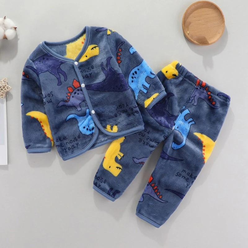 Autumn Winter Baby Clothes Set Cartoon Dinosaur Infant Sleepwear Coral Velvet Warm Baby Tops Pants Cute Newborn Home Wear