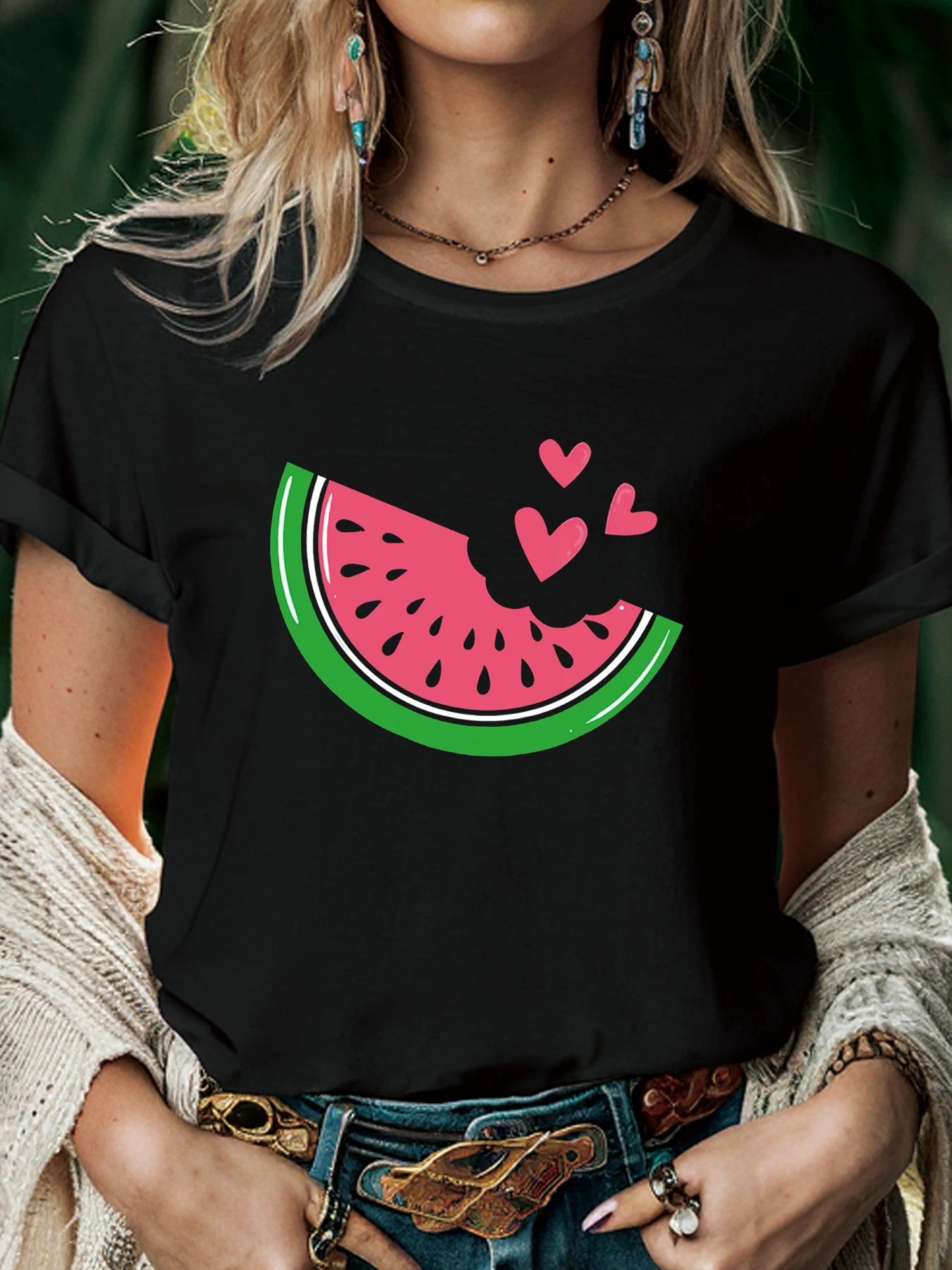 Watermelon Heart Women T Shirt Summer Fashion Short Sleeved T-shirt Tee Tops Printed O-neck Casual T-shirt Women\'s Clothing