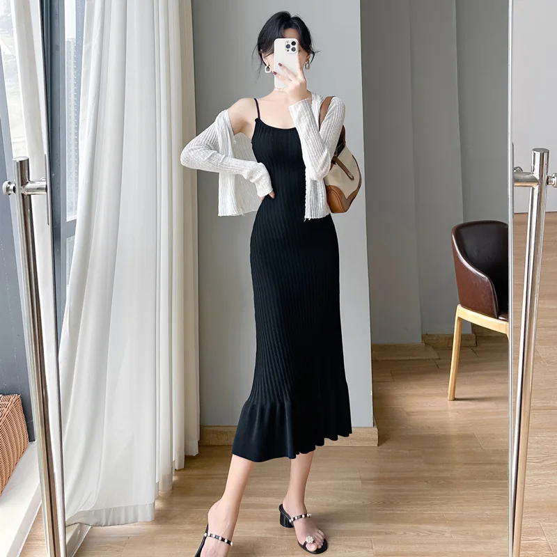 

Ladies Dinified Sweater Dress 2023 Summer New Strap Slim Knit Sheath Flounced Skirt Women