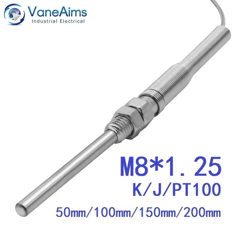 VaneAims Thermocouple M8 0.5m 1m 2m 3m Type K J PT100 50mm 100mm 150mm 200mm Compression Spring Probe Temperature Sensor 0-400℃