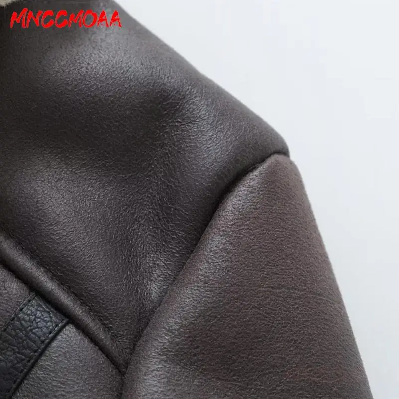 MNCCMOAA jaket kulit imitasi wanita, jaket longgar kasual, atasan hangat tebal, pakaian luar musim dingin, 2024