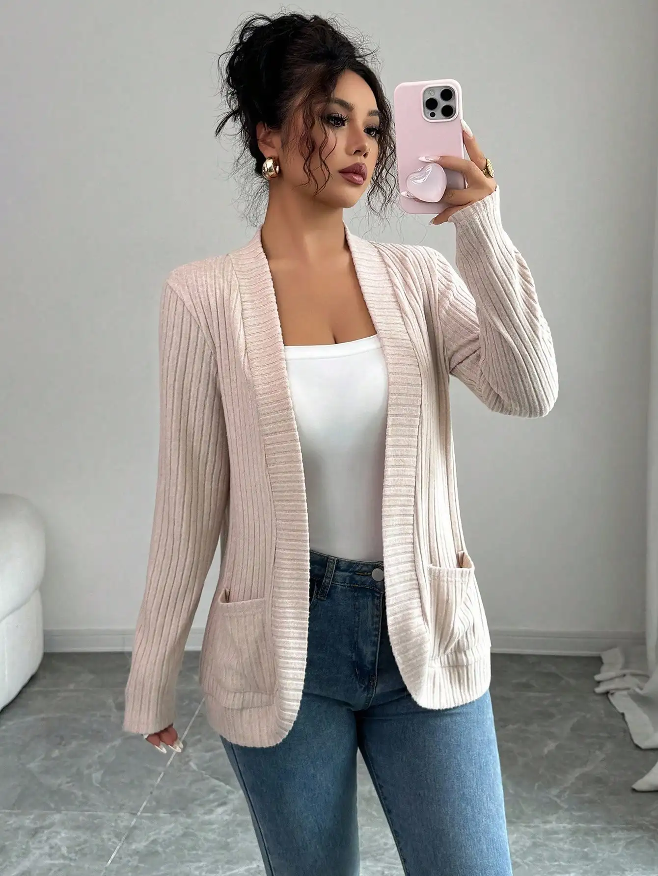 

Women's Casual Ribbed Brushed Open Front Side Pocket Short Lightweight Jacket Fall Winter Cloth For Women