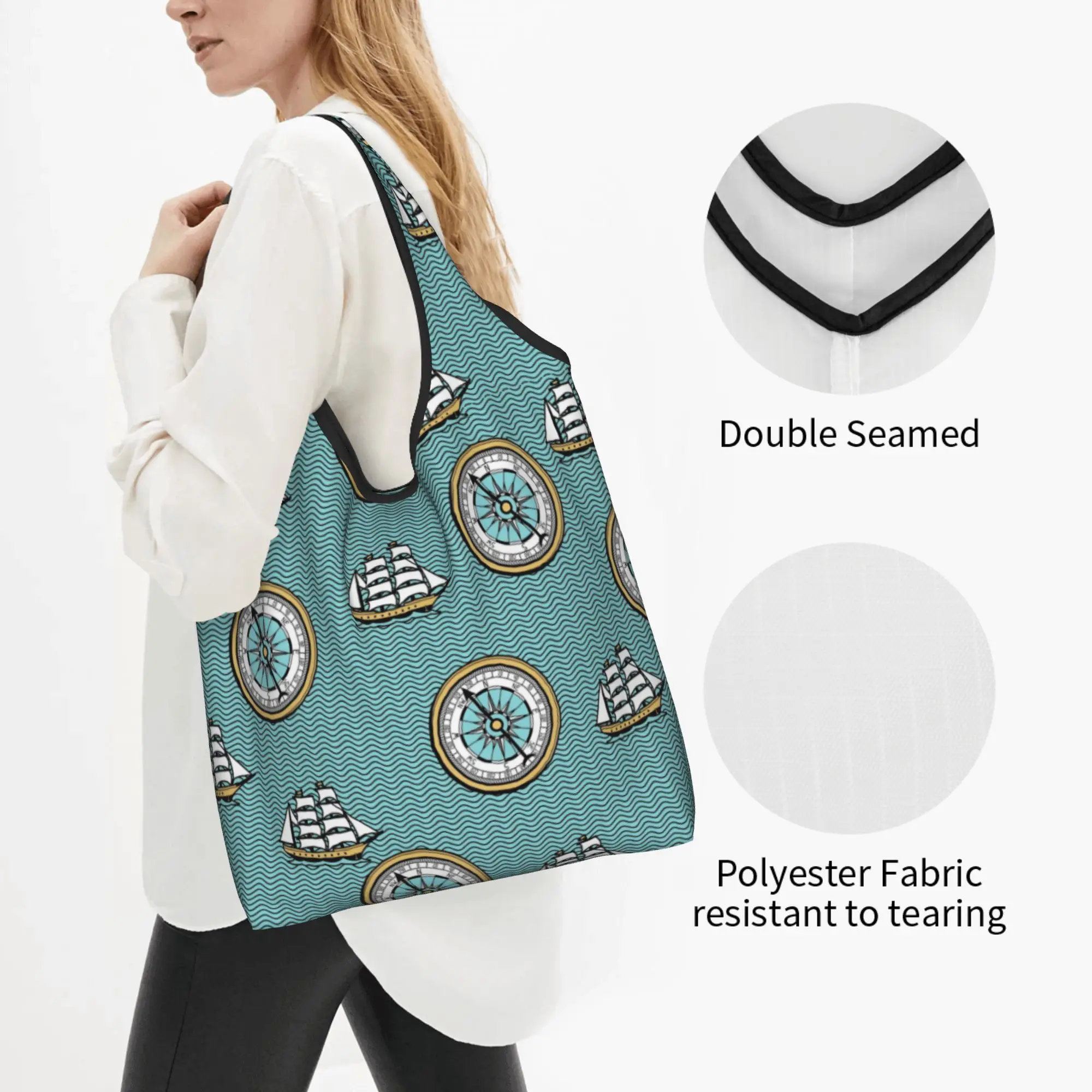 Kawaii Print Anchor Compass Captain Sailor Adventure Nautical World Map Shopping Tote Bags Portable Shopper Shoulder  Handbag