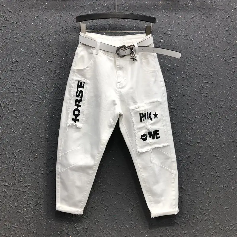 2023 neue Frühjahr und Sommer Europäischen Trend Minimalistischen Hohe Taille Tasche Brief Patch Beiläufige Lose Gestellte Denim Harlan Hosen