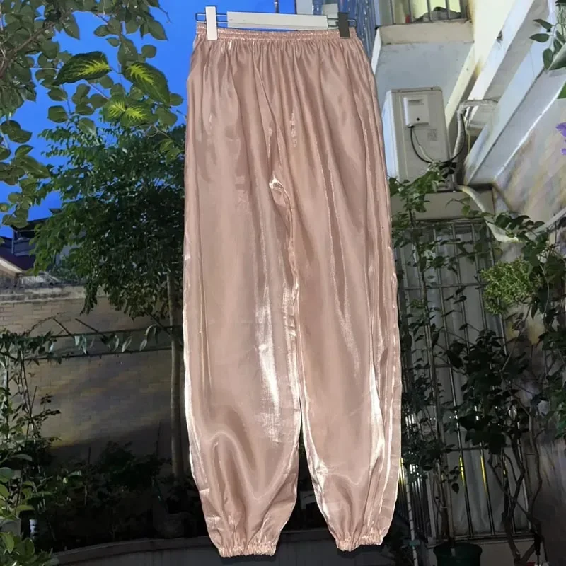 Sexy Transparent Holographic Soft Reflectiv Glossy Water Wave Gauze Pajamas Pants Women men Plus Size Silky Lantern Trousers