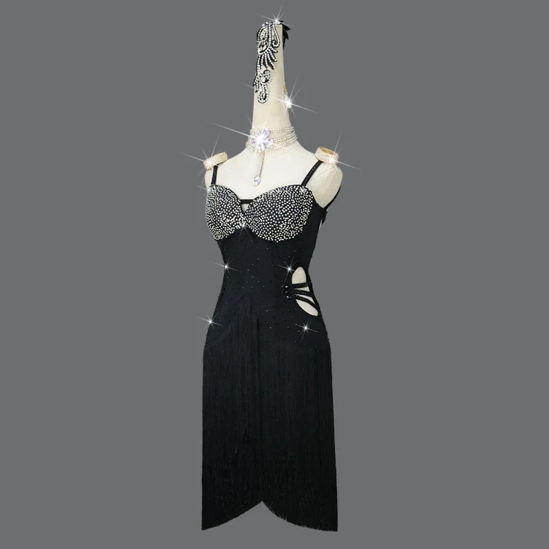 Robe de Concours de brevLatine pour Femme, Costume Sexy, Franges Noires, Strass, Été