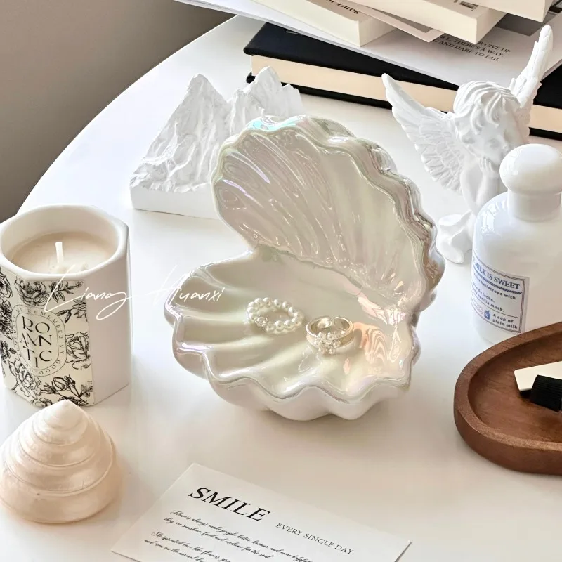 Iridescent Shell Ceramic Jewelry Tray, Ins Style Ring Organizer for Vanity Dresser, Glossy Makeup Trinket Dish Home Decor Gift