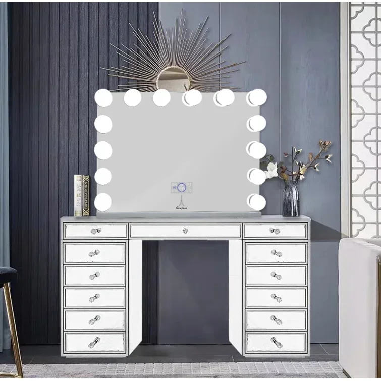 #   Tocador de tocador moderno Hollywood con 13 cajones, mesa de maquillaje, tocador con cajones de madera, juego de espejo de tocador con luces #