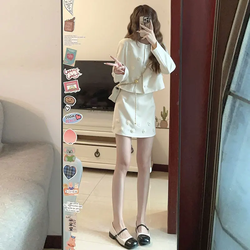 

Two-Piece Set in Fragrant Style with Cardigan And Skirt for Young Women Cotton Long Sleeve round Neck Button D...