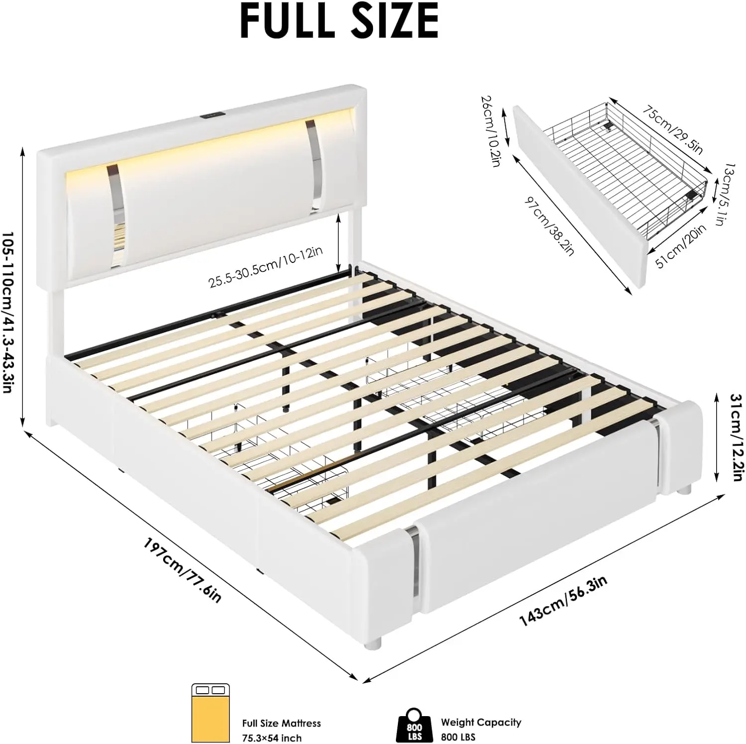 Full Size Bed Frame with RGB LED Lights Headboard, 2 Storage Drawers, Upholstered Faux Leather, USB Ports, No Box Spring, White