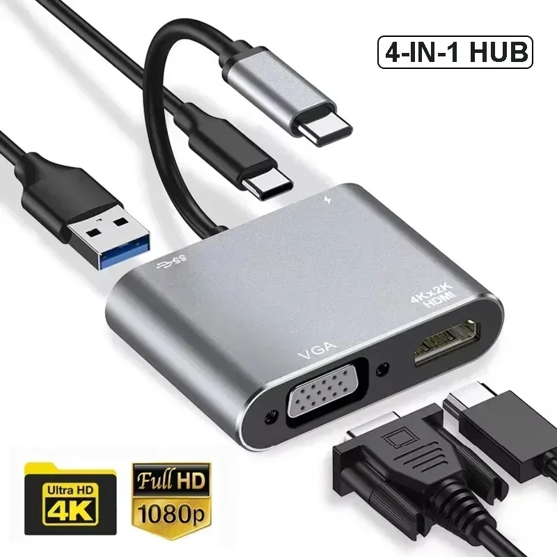 YP HDMI VGA USB 3.0 Digital AV Multi Port Adapter Thunderbolt To 4K 1080P Fast Charging Port MacBook 4-in-1 C-Type Adapter Hub