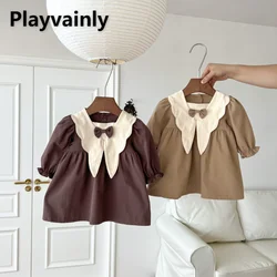 Korean Style Spring Autumn Baby Girl Dress Khaki/Coffee Patchwork Turn-down Collar Retro Princess Dresses Infant Clothes E494Z