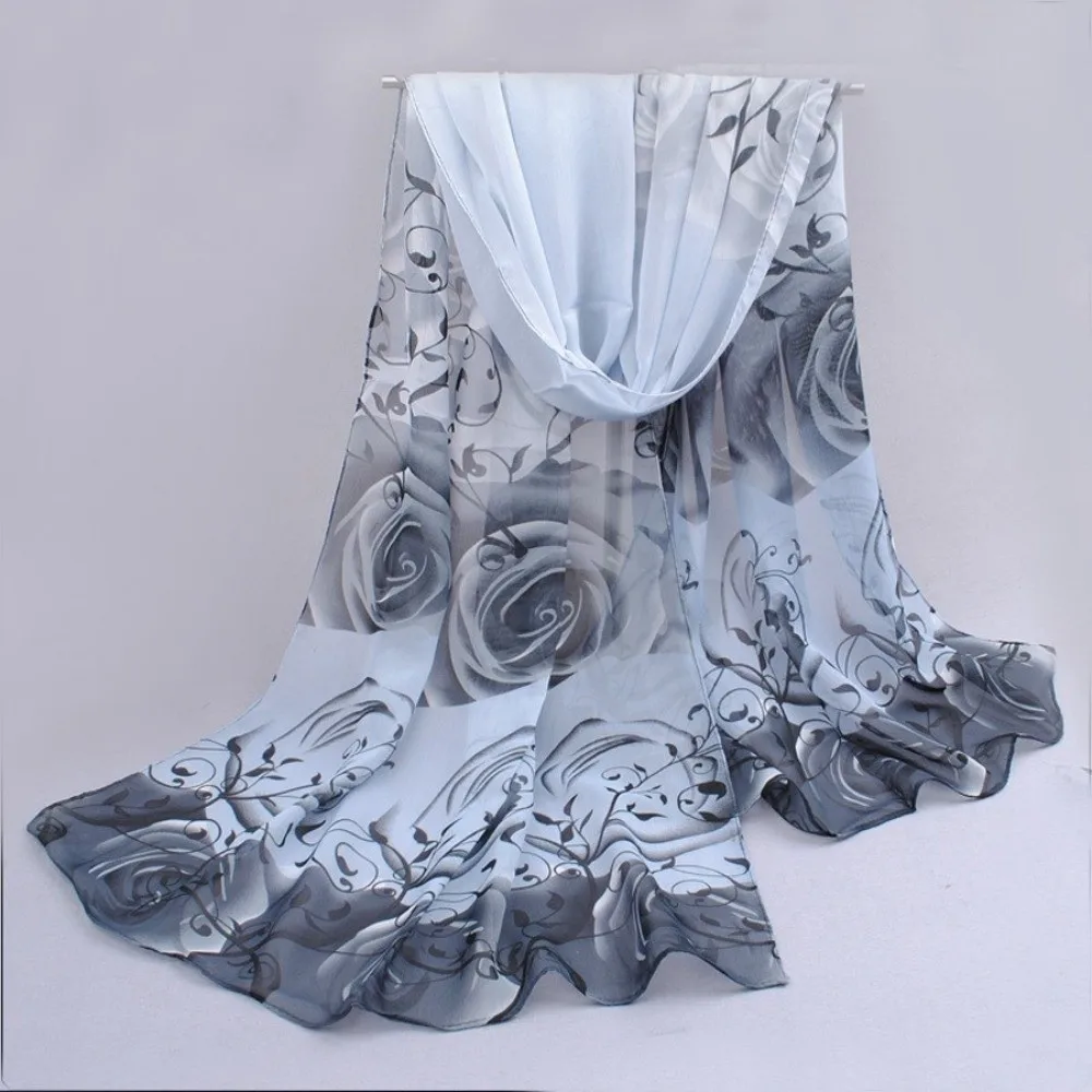 Elegant 160*50cm Chiffon Scarf Sunscreen Gradient Long Wrap Shawl Washable Floral Silk Shawl for Women