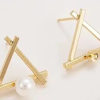 

14K Gold-Plated Geometric Triangular Frame Half-Hole Bead Stud Earrings with 925 Silver Needle Handmade DIY Sticky Pearl Jewelry