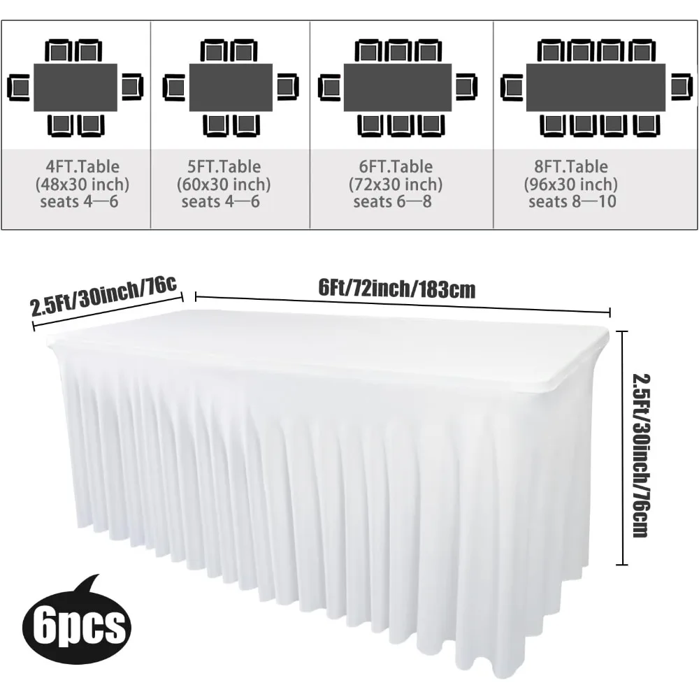 White Stretch Spandex Table Skirts for 6-Foot Rectangle Tables - 72 Length x 30 Width x 30 Height, Wrinkle-Free and Washable Fit