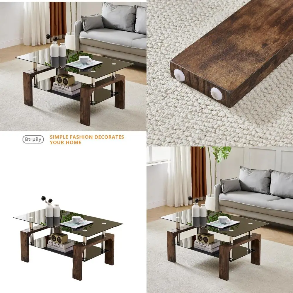 

Modern Rectangular Coffee Table with Wooden Legs and Glass Top, Ideal for Waiting Areas, Featuring Lower Shelf (Black/Brown)