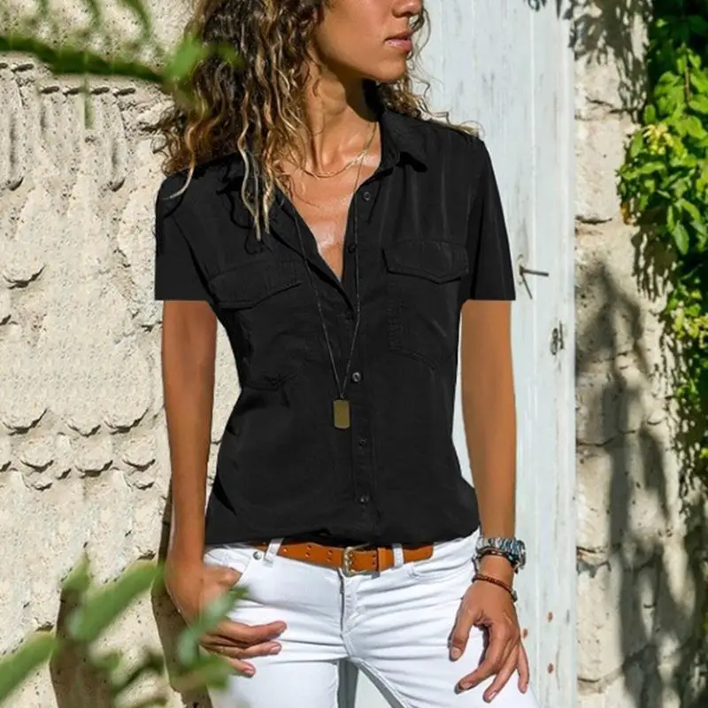 Dames Punk Sle Katoen irt met Kraag ort Sve Slim Fit Faionable Pure Color Splice Design Zomer Casual Top