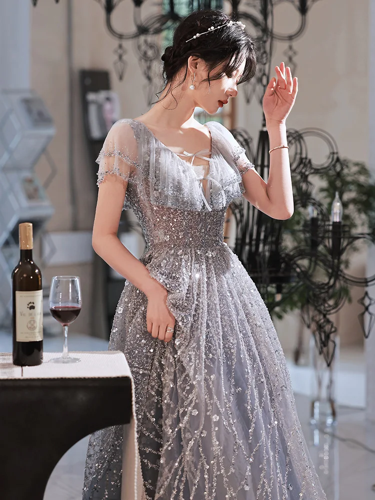 Sexy Celebrity Banquet Dress Women Qipao Chinese Dress Perspective Rhinestone Beads Evening Party Dress Elegant Vestidos