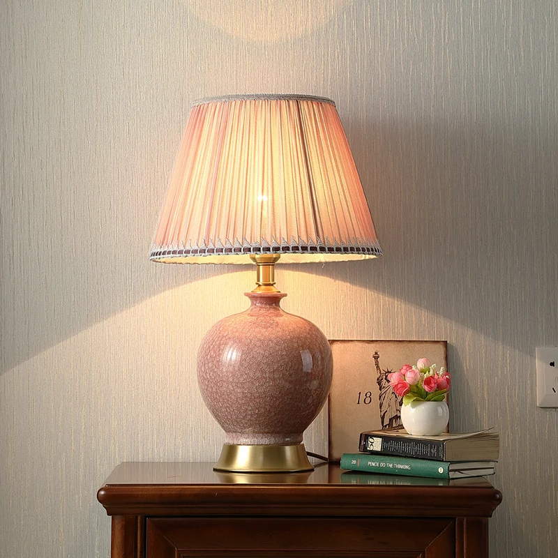 Light luxury Jingdezhen ceramic table lamp bedroom bedside American pink all copper living roomable