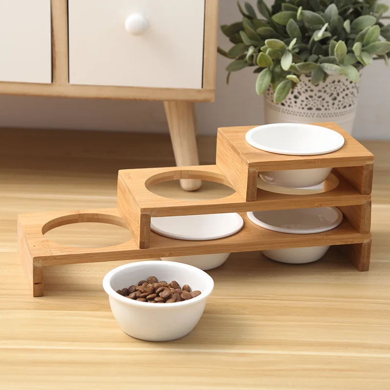 Minimalist Protection Of Pet Products For Cervical Spine Bamboo Frame Ceramic Cat And Dog Eating Bowl