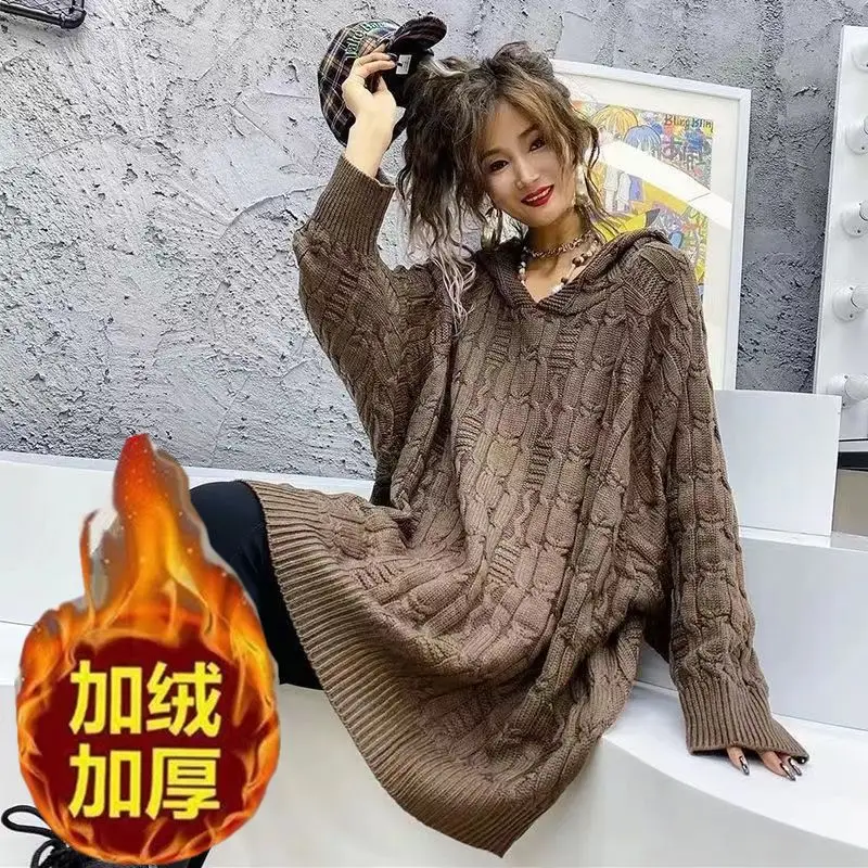 

Vintage Fried Dough Twists Sweater Women's Korean Minority Design Hooded Pullover Long Sleeve Medium Length Knitted Top