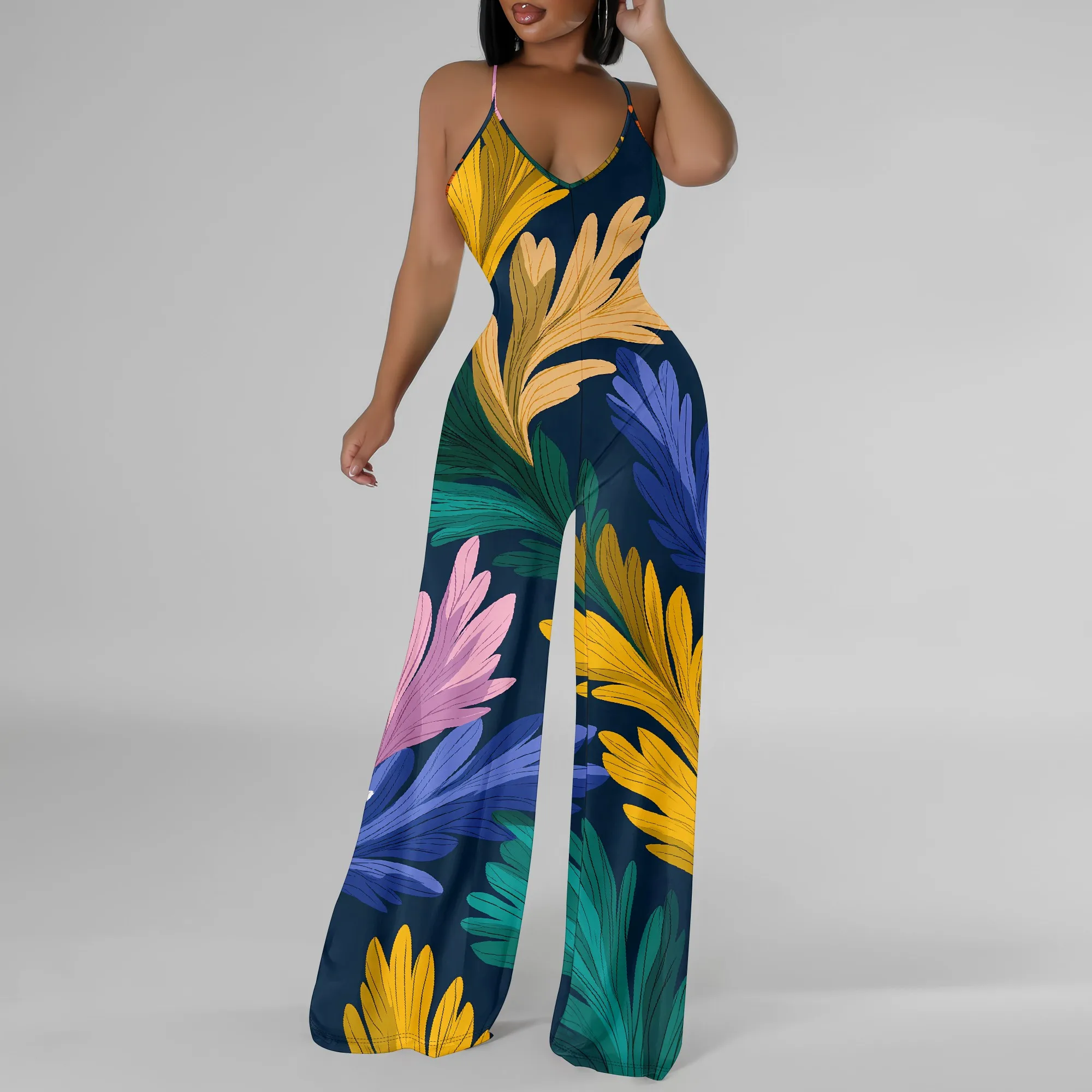 

Women's Summer Vacation Jumpsuit Colorful Leaf Print Spaghetti Strap Sleeveless Wide Leg Romper Beachwear