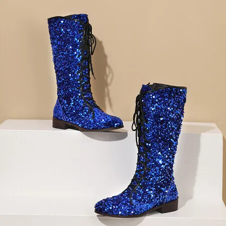 Fashion Bright Blue Women's Mid Calf Boots Shiny Women Trouser Boots Slip on Shoes Catwalk Shoes