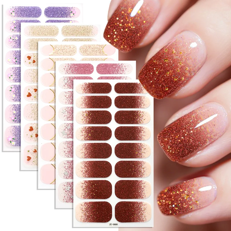Gradient Glitter French Nail Wraps 3 Sheets 16 Strips 3D Gold Foil Floral Nail Stickers Semi Cured Manicure Nail Decals