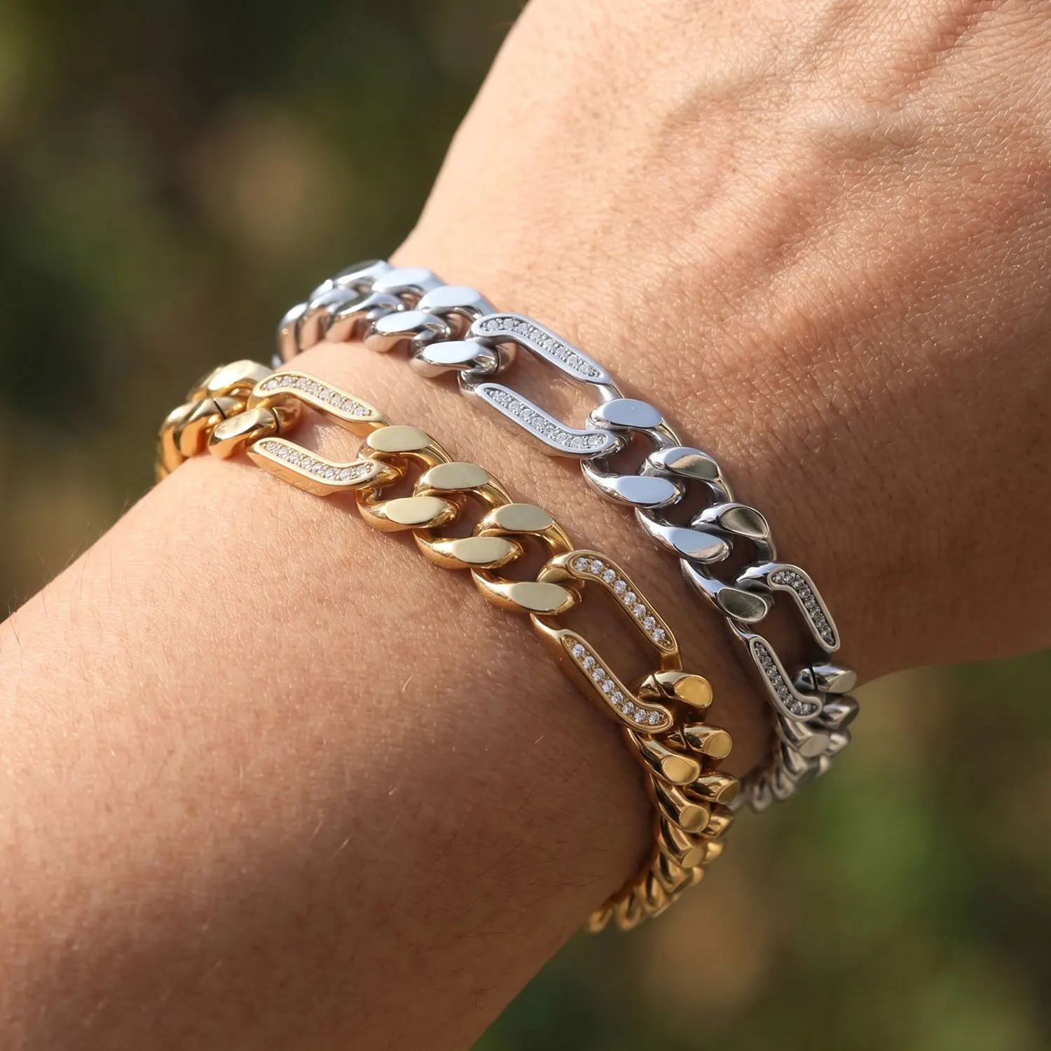 Stainless Steel Figaro Chain Bracelet Full Paved Cubic Zirconia Chunky Link Bracelet Waterproof Hip Hop Women Men Jewelry