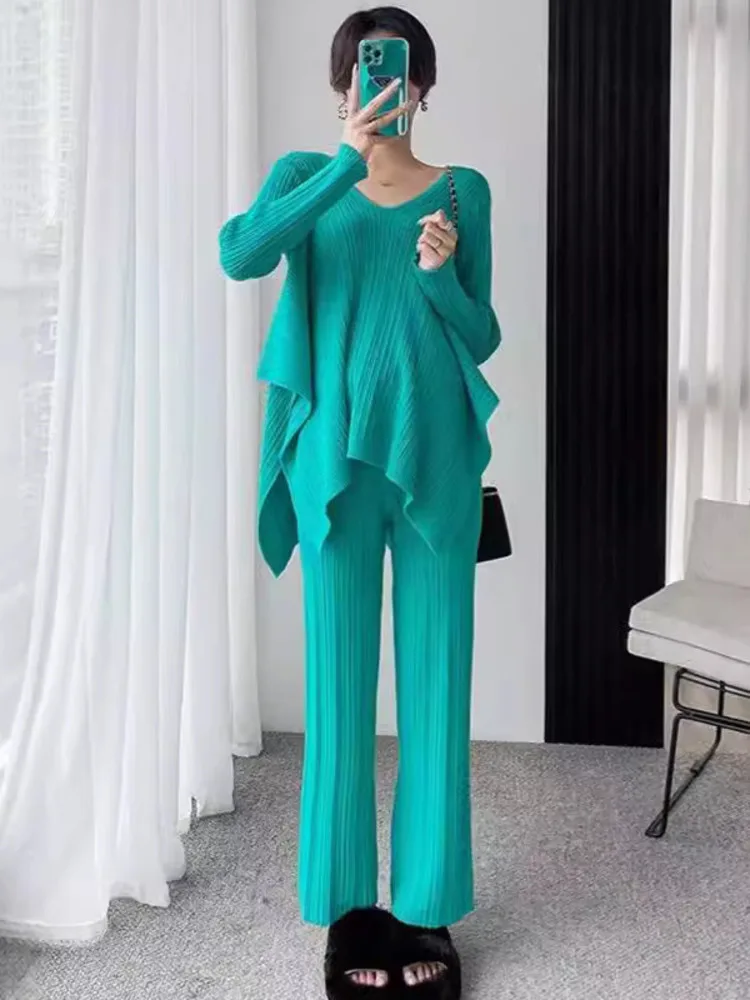 [EWQ] Irregular Ruffles Long Sleeve Knit Tops And High Waist Trousers Casual Elegant Female Set Clothing 2024 Autumn 16O2647