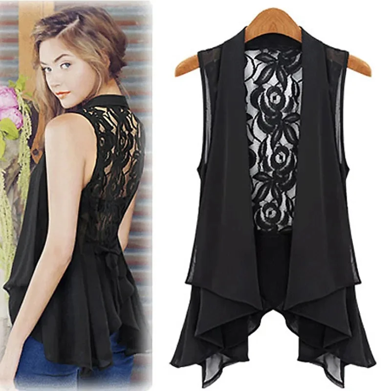 M-6XL Lace Chiffon Shirt Plus Size Women's Vest Tank Top Summer Temperament Ladies Coat Chiffon Vest Thin Sunscreen Clothing