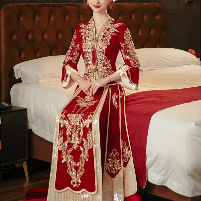 Bridal New Chinese Style Wedding Clothes Toast Dress Velvet Women