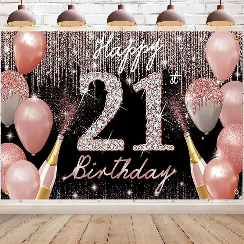 Happy 21st Birthday Backdrop Banner Decoration for Her Rose Gold 21 Year Old Party Yard Sign Photo Booth Props Background Poster